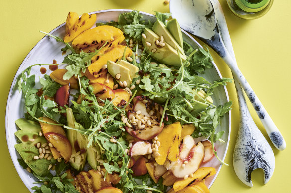 Summery grilled peach salad.