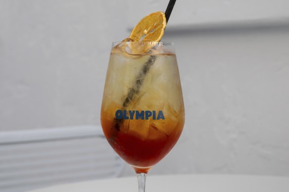 The Mt Olympus cocktail with gin, honey, grenadine and Greek mountain tea syrup.