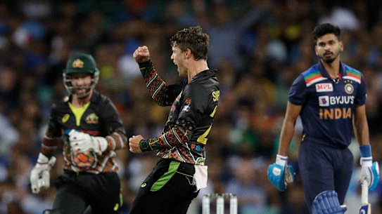 Mitchell Swepson celebrates the wicket of Shreyas Iyer.