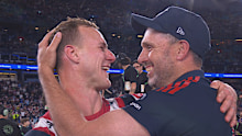 An overjoyed Daly Cherry-Evans celebrates winning the grand final with the Sydney Roosters.
