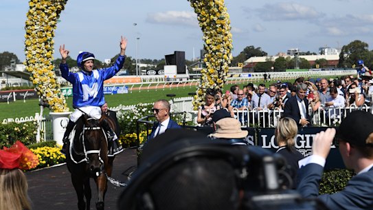 At home: Winx returns after winning the George Ryder Stakes at Rosehill last year.