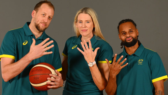 Joe Ingles, Lauren Jackson and Patty Mills pose after being selected for their fifth Olympics. 