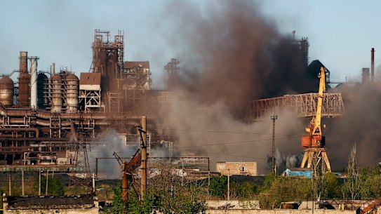 Smoke rises from the Metallurgical Combine Azovstal in Mariupol during shelling.