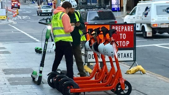 A sample of the ubiquitous e-scooters used to zip people around Brisbane footpaths.