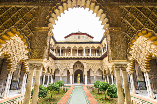 The Royal Alcazar of Seville at the Courtyard of the Maidens.