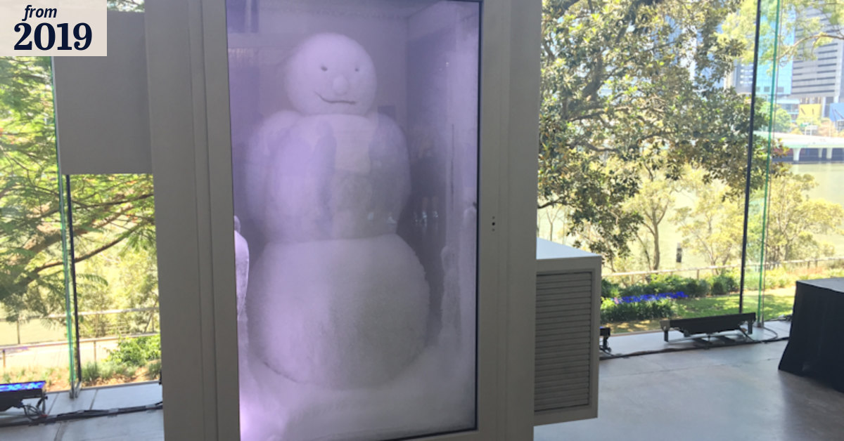 In the midst of a heatwave, a smiling snowman sits in the heart of Brisbane