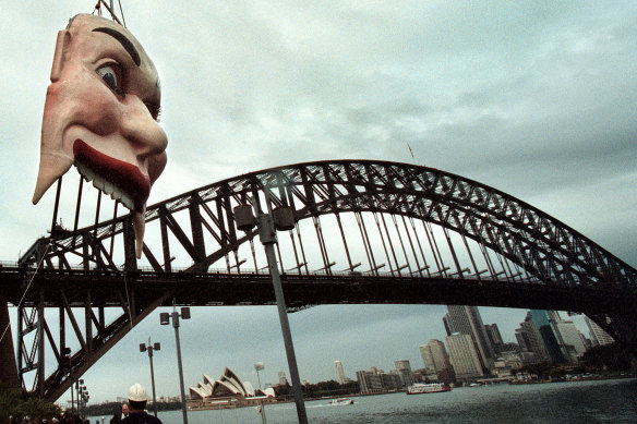 The Face at the entrance to Luna Park being removed in 2001 during the dismantling of the second Big Dipper, which was sold to Dreamworld after a court fight.