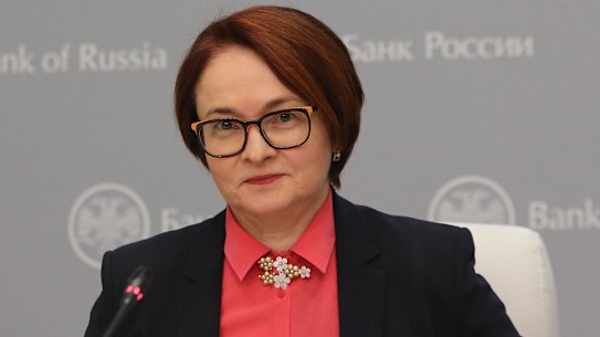 What does that brooch signify? Elvira Nabiullina during a press conference in Moscow in 2019.