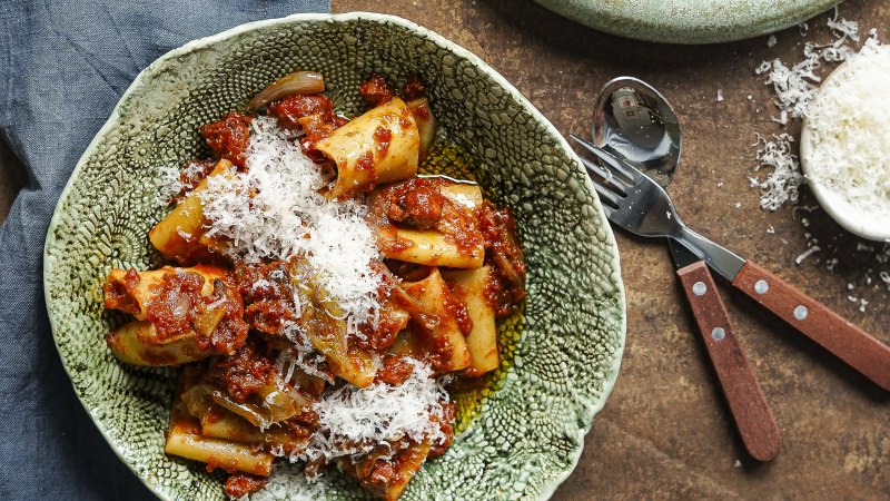 Pasta with shallot, chorizo and tinned tomato sauce