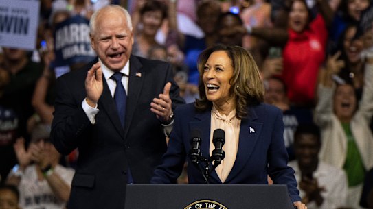 Democratic presidential nominee Vice President Kamala Harris and her running mate Minnesota Gov. Tim Walz speak at a campaign rally in Philadelphia.