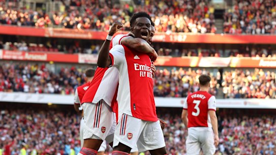 Bukayo Saka after scoring for Arsenal in the north London derby.