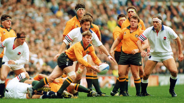 Nick Farr-Jones in action for the Wallabies in the 1991 World Cup final. 