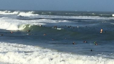 Swimmers and surfers in the ocean off Moffat Beach on the Sunshine Coast on Sunday.