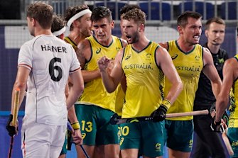 The Kookaburras celebrate a goal.