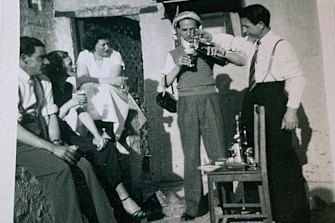 Jack (left) with his brother-in-laws Jack and Andrew Constantinou. Pictured at the Greek Cypriot Cafe in King Street in Melbourne, which was owned by Andrew.&nbsp;