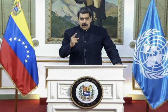 Nicolas Maduro, President of Venezuela, speaks in a pre-recorded video message during the 75th session of the United Nations General Assembly.
