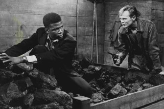 Sidney Poitier and Richard Widmark in a scene from No Way Out.