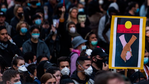 Protesters at the Black Lives Matter rally in Sydney on Saturday.