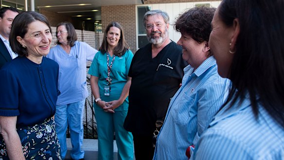 Premier Gladys Berejiklian on the campaign trail at Nepean Hospital on Sunday. 