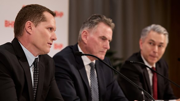 From left: BHP’s new chief executive Brandon Craig, chairman Ross McEwan and departing chief executive Mike Henry.