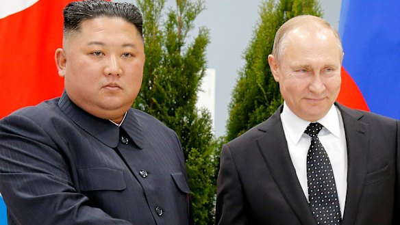Russian President Vladimir Putin, right, and North Korea’s leader Kim Jong-un in Vladivostok in 2019. They will meet again this week.