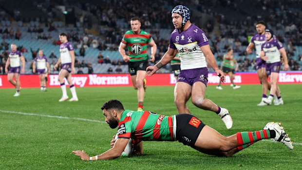 Alex Johnston goes over for the Rabbitohs to close in on the record.