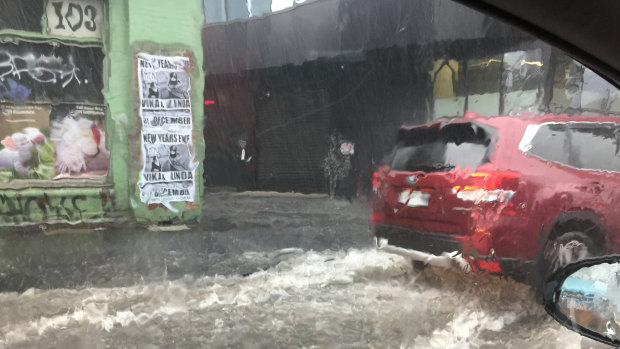 A car floating in the Dudley street underpass. 