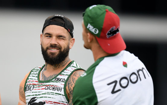 Cook something up: Adam Reynolds and Damien Cook share a laugh at Souths training, but their form in round one was anything but a joke.