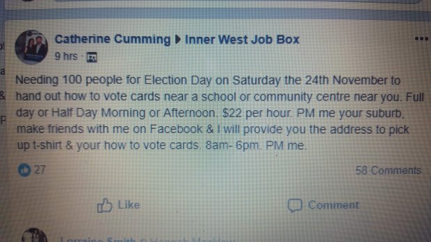 Catherine Cumming's job ad for paid, election day 'volunteers'.