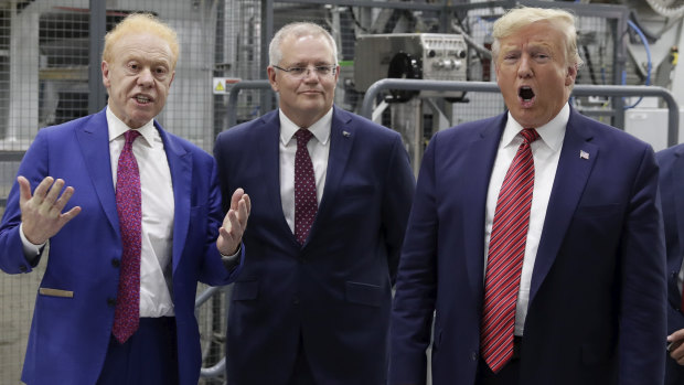 Businessman Anthony Pratt, Prime Minister Scott Morrison and US President Donald Trump during the official opening of Pratt's Wapakoneta recycling and paper plant. 