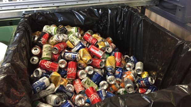 Cans gathered at West End's new TOMRA recycling centre.
