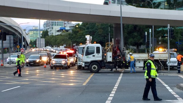 The crash at the intersection of Coronation Drive (straight ahead) and the Go Between Bridge (to the left).