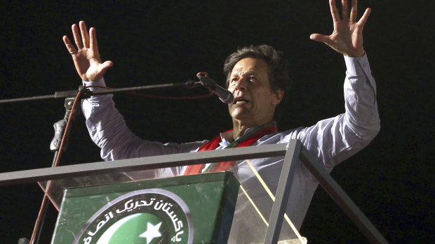  Imran Khan, Tehreek-e-Insaf party leader, addresses the crowd ahead of Wednesday's election.