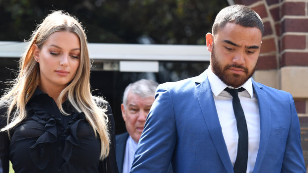 Dylan Walker and Alexandra Ivkovic leave Manly Local Court hand in hand in December.