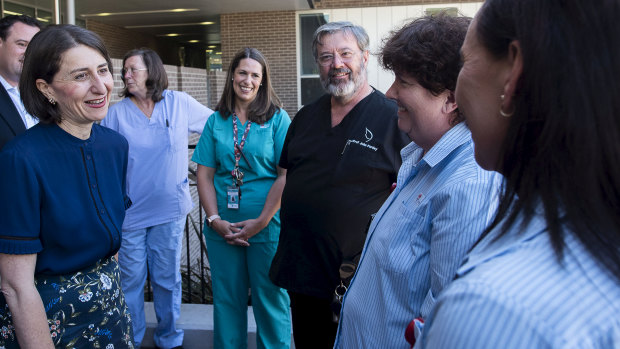 Premier Gladys Berejiklian on the campaign trail at Nepean Hospital on Sunday. 