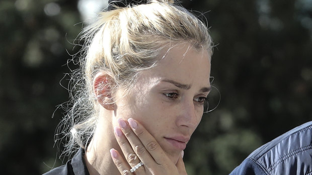 Viktoria Karyda, the wife of slain Greek Australian John Macris arrives at a church to attend his funeral ceremony.