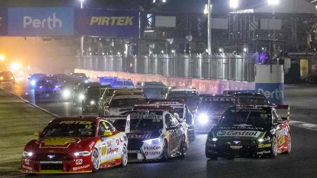 Slippery when wet: Fabien Coulthard jumped his fellow Mustang driver on the line and by the first corner Scott McLaughlin was back in fourth behind Jamie Whincup and Chaz Mostert.