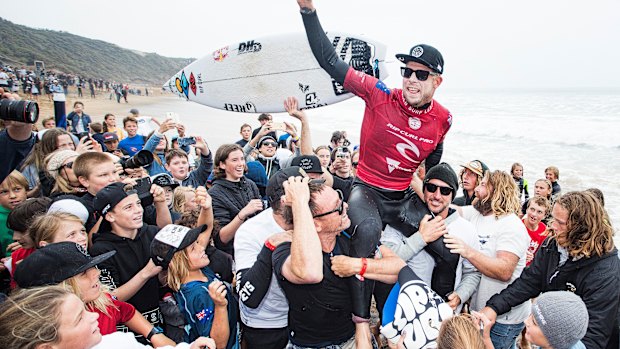 World Champion Mick Fanning celebrates his retirement at Bells Beach in 2018.