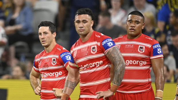 Ben Hunt, Jaydn Su’A and Moses Suli watch on during the Dragons’ loss to the Cowboys.