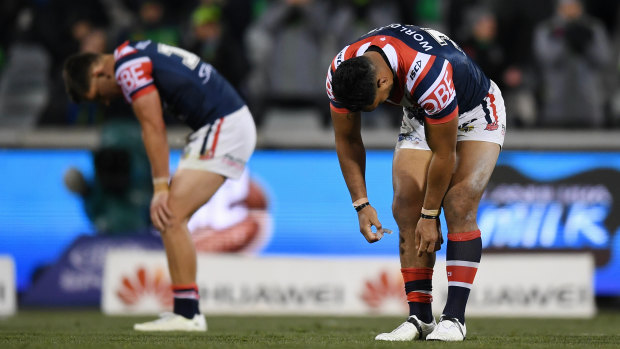 Has anyone seen our form? Dejected Roosters players after losing to Canberra. 