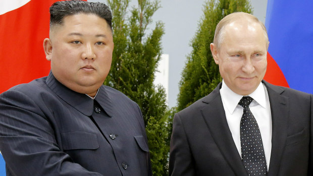 Russian President Vladimir Putin, right, and North Korea’s leader Kim Jong-un in Vladivostok in 2019. They will meet again this week.