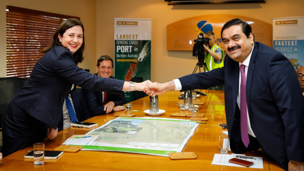 Queensland Premier Annastacia Palaszscuk shaking hands with Adani chairman Gautam Adani in December 2016.