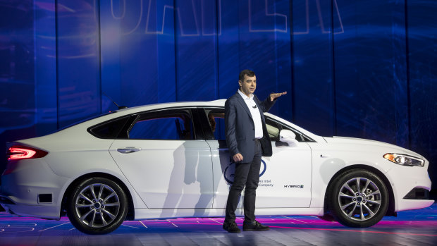 Amnon Shashua, co-founder and chief technology officer of Mobileye, speaks during a keynote address at the 2018 Consumer Electronics Show in Las Vegas.