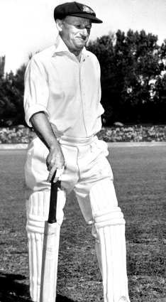 Don Bradman leaves the field after being bowled.