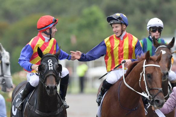 Tommy Berry on Pierata reaches out to  congratulate James McDonald on Nature Strip after last year's Galaxy.