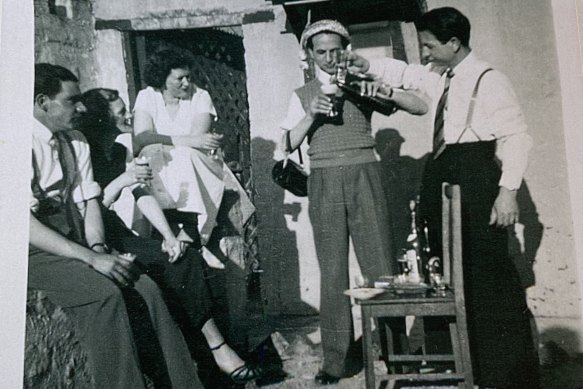 Jack (left) with his brother-in-laws Jack and Andrew Constantinou. Pictured at the Greek Cypriot Cafe in King Street in Melbourne, which was owned by Andrew. 