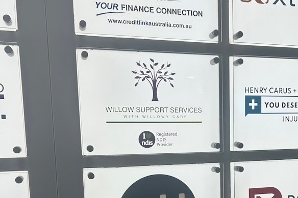 The nameplate at the office for Willow Support Services.