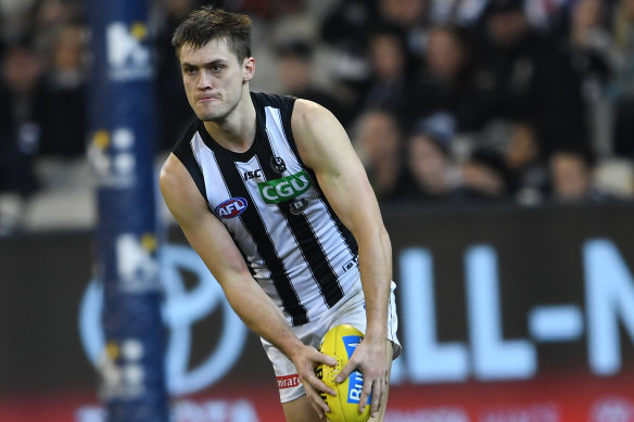 Magpie Darcy Moore, in action on Friday night, gives a blunt assessment of their chances this season. 