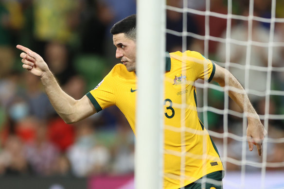 Tom Rogic celebrates after scoring against Vietnam at AAMI Park.