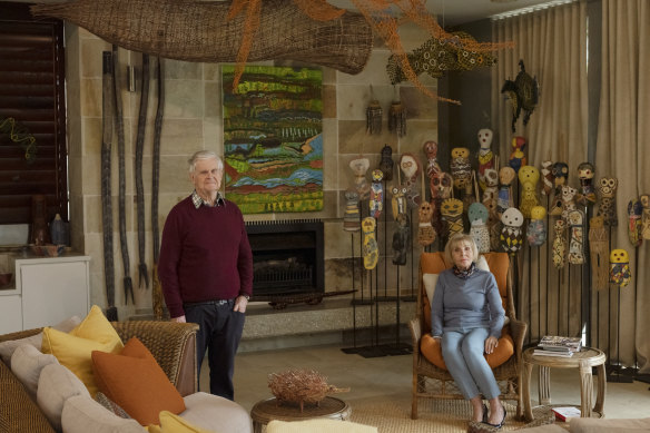 NZ philanthropists Rosie and Michael Horton at their home in Sanctuary Cove, Queensland, with ceramic Bagu from artists at Queensland's Girringun Art centre (rear right).